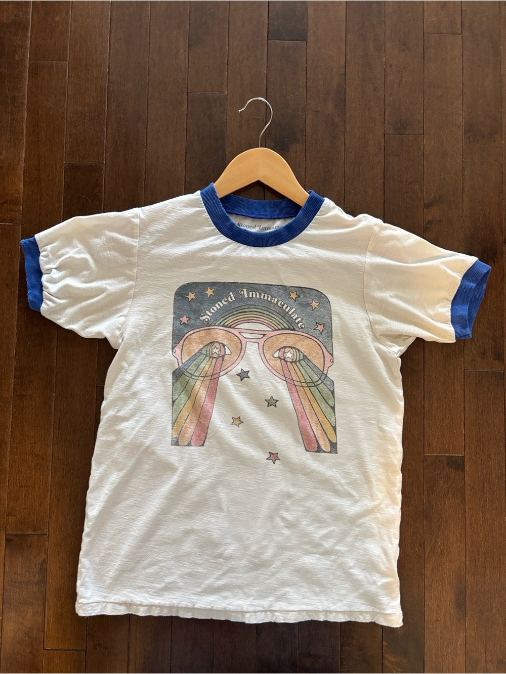 Stoned Immaculate Cream Ringer Tee with Blue Trim and Rainbow Sunglasses Graphic